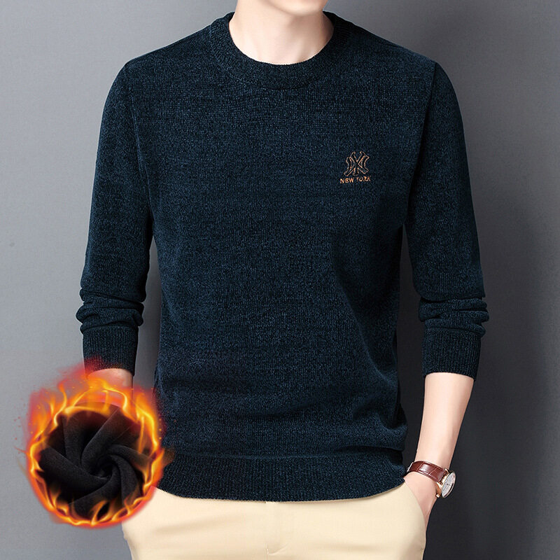LUX ANGNER Plush Chenille Thick Warm Sweater Men Autumn Winter Trendy Fleece Embroidered Pullover Sweaters Men Knitted Round Neck Pullovers